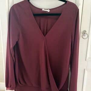 Lush Deep Burgundy V-Neck Blouse